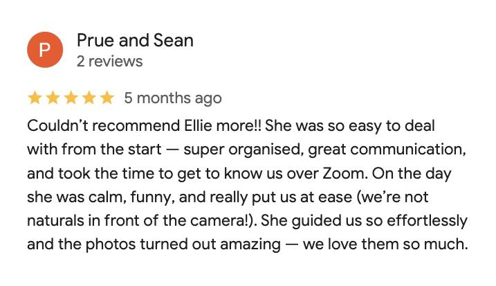 Five-star Google review from Prue and Sean